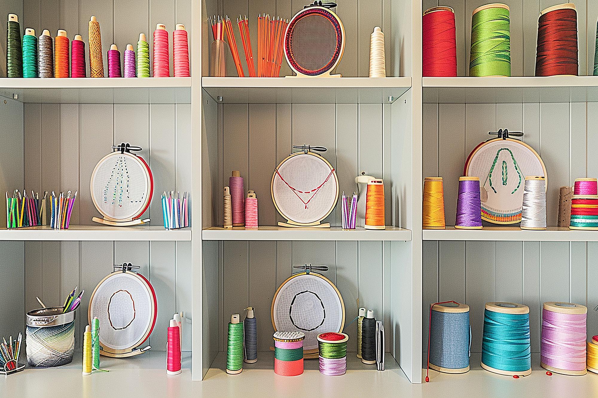 Studio workspace with threads and frames